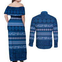 Fiji Marau na Kerisimasi Couples Matching Off Shoulder Maxi Dress and Long Sleeve Button Shirt Blue Tapa Masi Inspired Christmas - Polynesian Pride