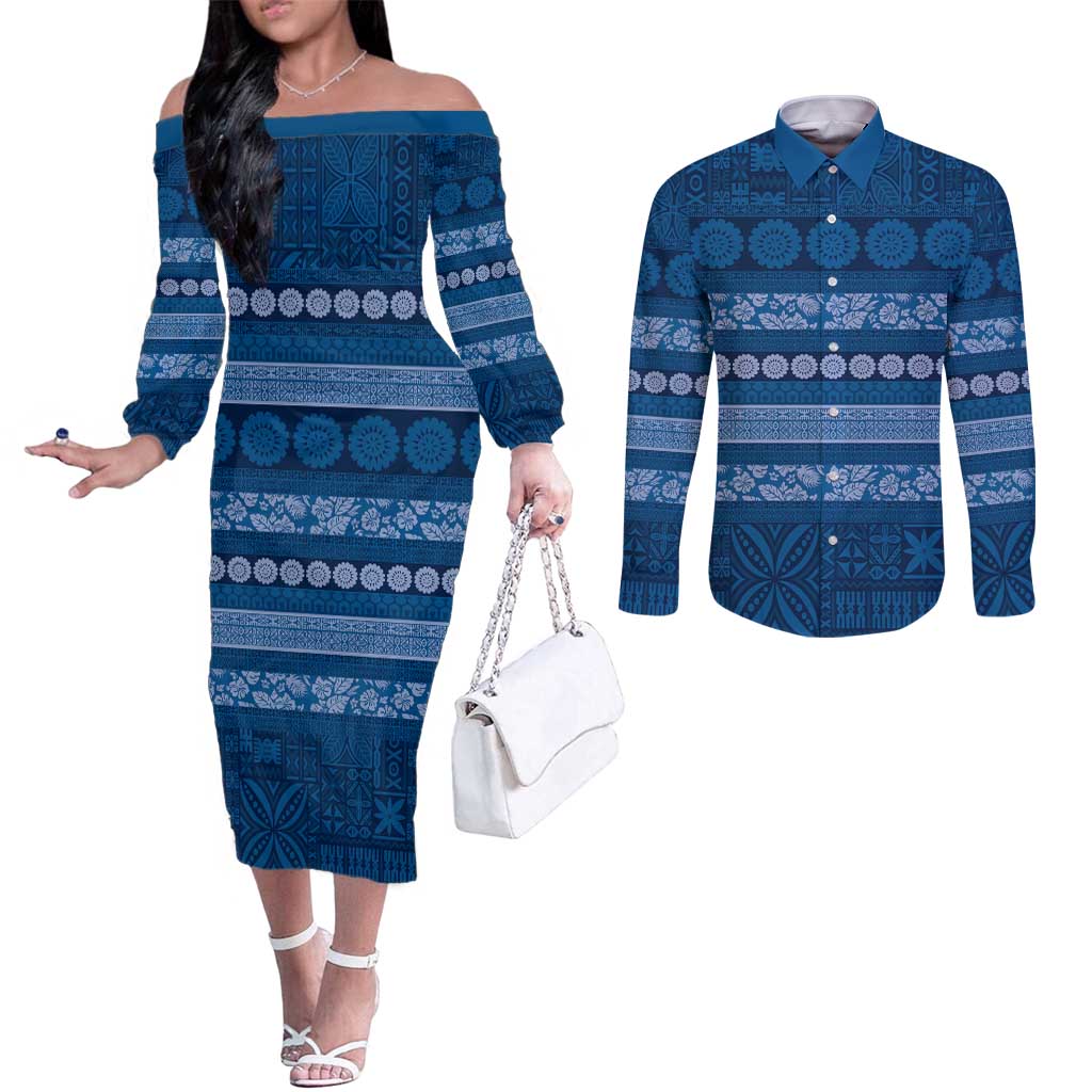 Fiji Marau na Kerisimasi Couples Matching Off The Shoulder Long Sleeve Dress and Long Sleeve Button Shirt Blue Tapa Masi Inspired Christmas - Polynesian Pride