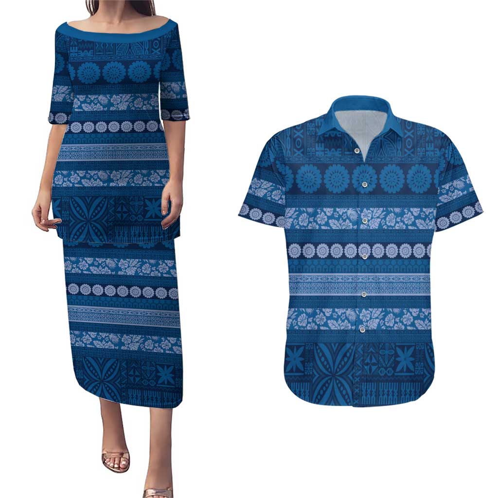 Fiji Marau na Kerisimasi Couples Matching Puletasi and Hawaiian Shirt Blue Tapa Masi Inspired Christmas - Polynesian Pride