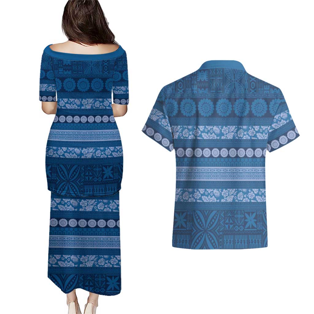 Fiji Marau na Kerisimasi Couples Matching Puletasi and Hawaiian Shirt Blue Tapa Masi Inspired Christmas - Polynesian Pride