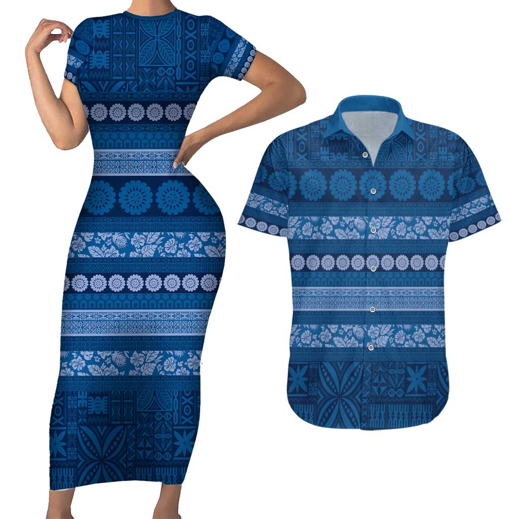 Fiji Marau na Kerisimasi Couples Matching Short Sleeve Bodycon Dress and Hawaiian Shirt Blue Tapa Masi Inspired Christmas - Polynesian Pride