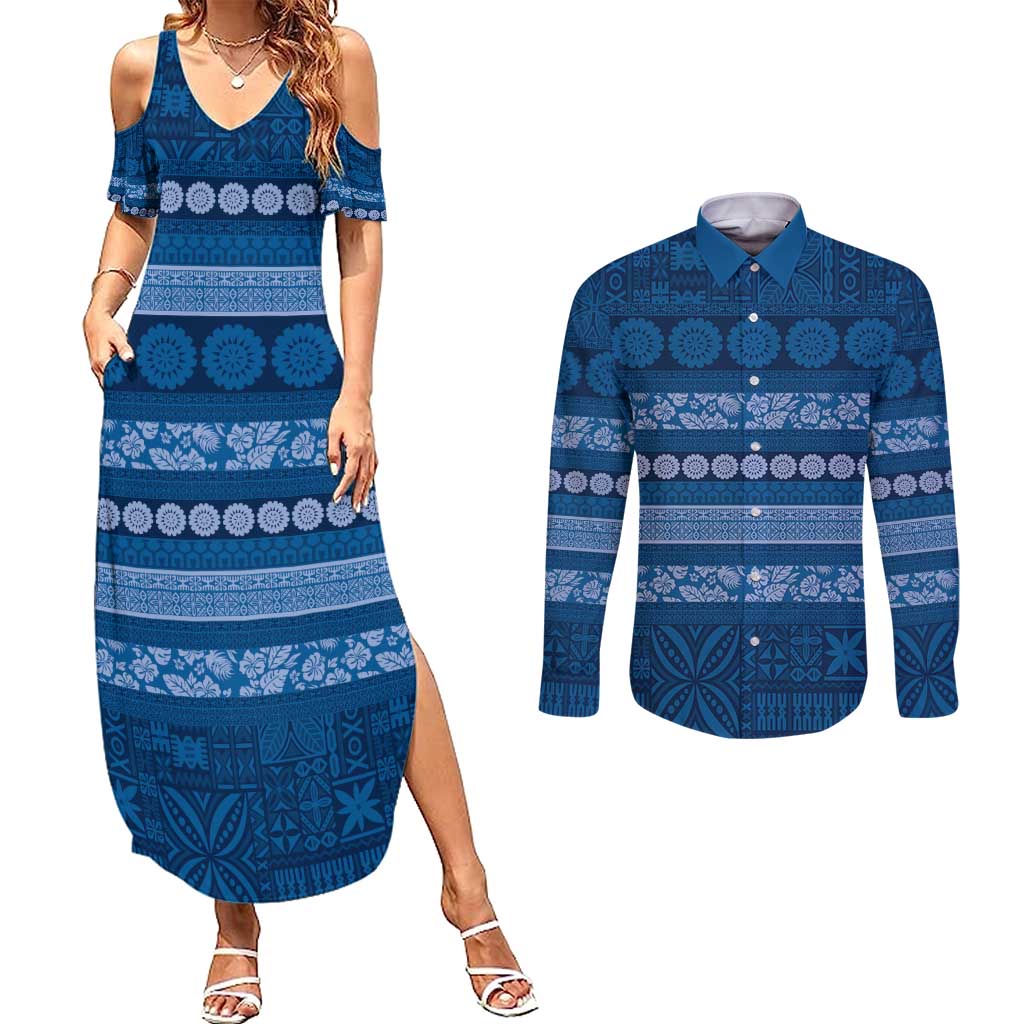Fiji Marau na Kerisimasi Couples Matching Summer Maxi Dress and Long Sleeve Button Shirt Blue Tapa Masi Inspired Christmas - Polynesian Pride