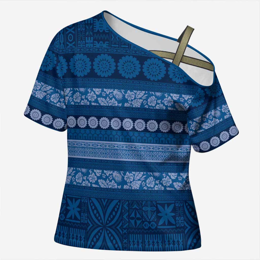 Fiji Marau na Kerisimasi Cross Shoulder Shirt Blue Tapa Masi Inspired Christmas LT9 Female Blue - Polynesian Pride