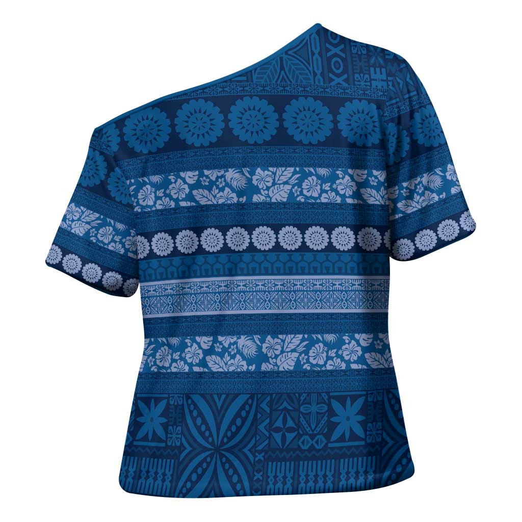 Fiji Marau na Kerisimasi Cross Shoulder Shirt Blue Tapa Masi Inspired Christmas LT9 - Polynesian Pride