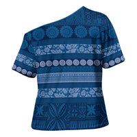 Fiji Marau na Kerisimasi Cross Shoulder Shirt Blue Tapa Masi Inspired Christmas LT9 - Polynesian Pride