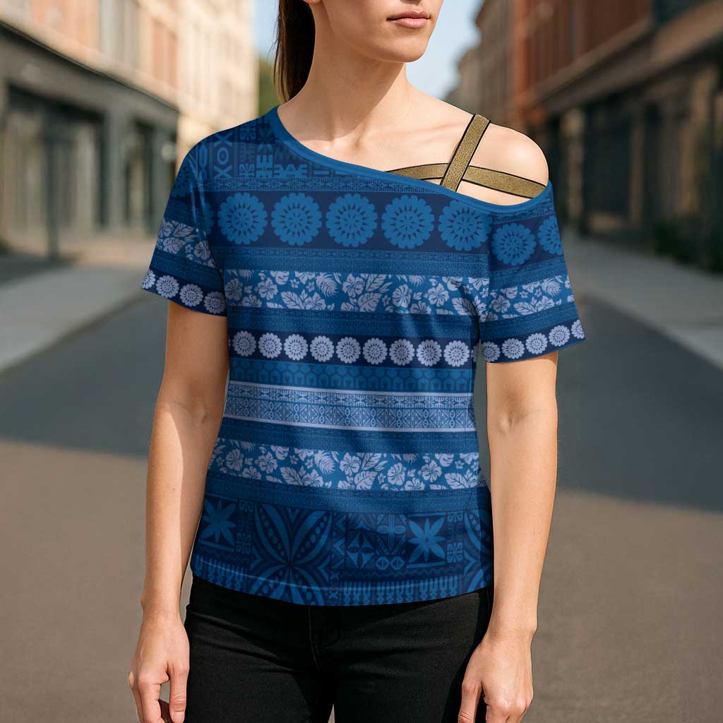 Fiji Marau na Kerisimasi Cross Shoulder Shirt Blue Tapa Masi Inspired Christmas LT9 - Polynesian Pride