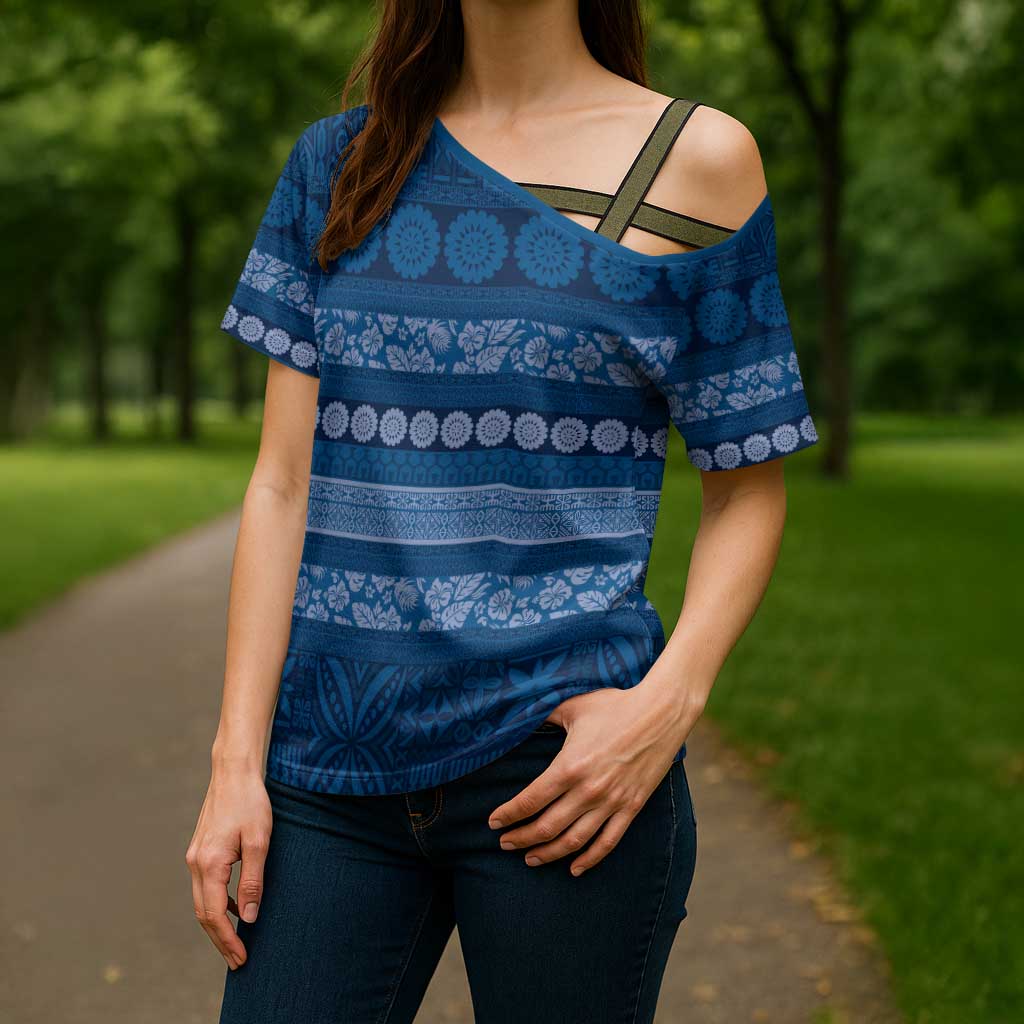 Fiji Marau na Kerisimasi Cross Shoulder Shirt Blue Tapa Masi Inspired Christmas LT9 - Polynesian Pride