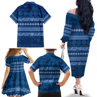 Fiji Marau na Kerisimasi Family Matching Off The Shoulder Long Sleeve Dress and Hawaiian Shirt Blue Tapa Masi Inspired Christmas - Polynesian Pride