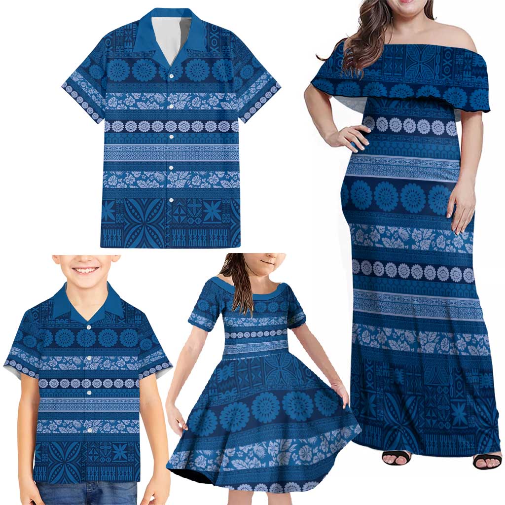 Fiji Marau na Kerisimasi Family Matching Off Shoulder Maxi Dress and Hawaiian Shirt Blue Tapa Masi Inspired Christmas - Polynesian Pride