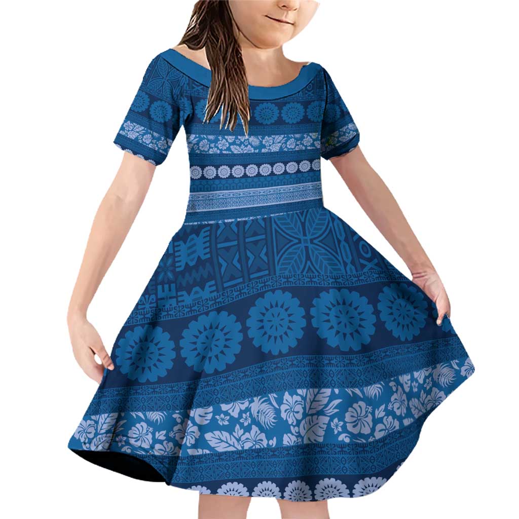 Fiji Marau na Kerisimasi Family Matching Off Shoulder Short Dress and Hawaiian Shirt Blue Tapa Masi Inspired Christmas - Polynesian Pride
