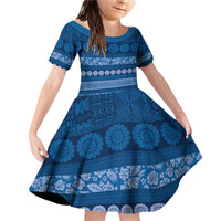 Fiji Marau na Kerisimasi Family Matching Off Shoulder Short Dress and Hawaiian Shirt Blue Tapa Masi Inspired Christmas - Polynesian Pride