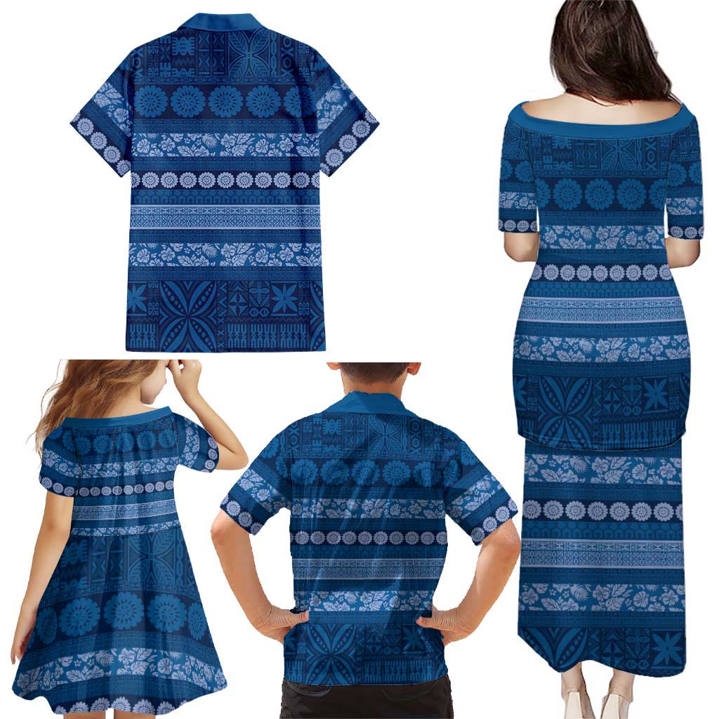 Fiji Marau na Kerisimasi Family Matching Puletasi and Hawaiian Shirt Blue Tapa Masi Inspired Christmas - Polynesian Pride