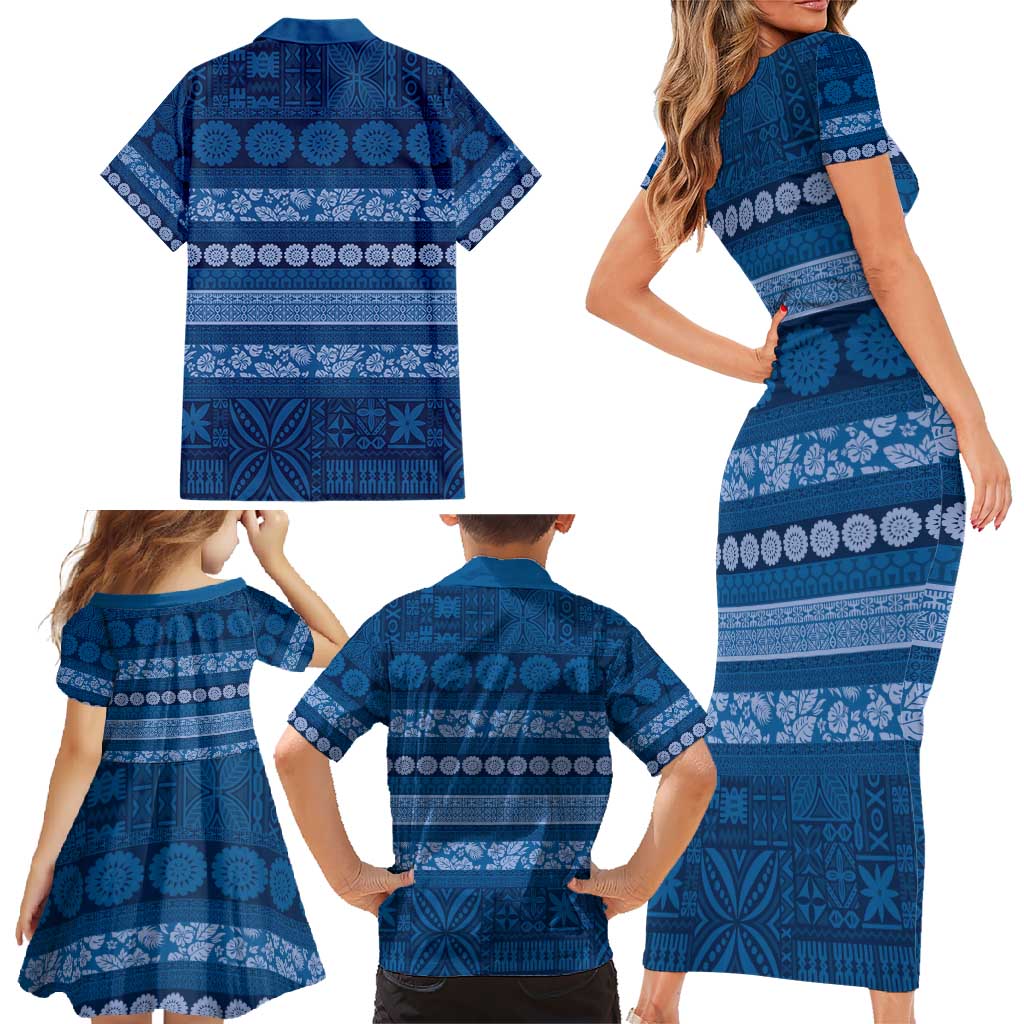 Fiji Marau na Kerisimasi Family Matching Short Sleeve Bodycon Dress and Hawaiian Shirt Blue Tapa Masi Inspired Christmas - Polynesian Pride