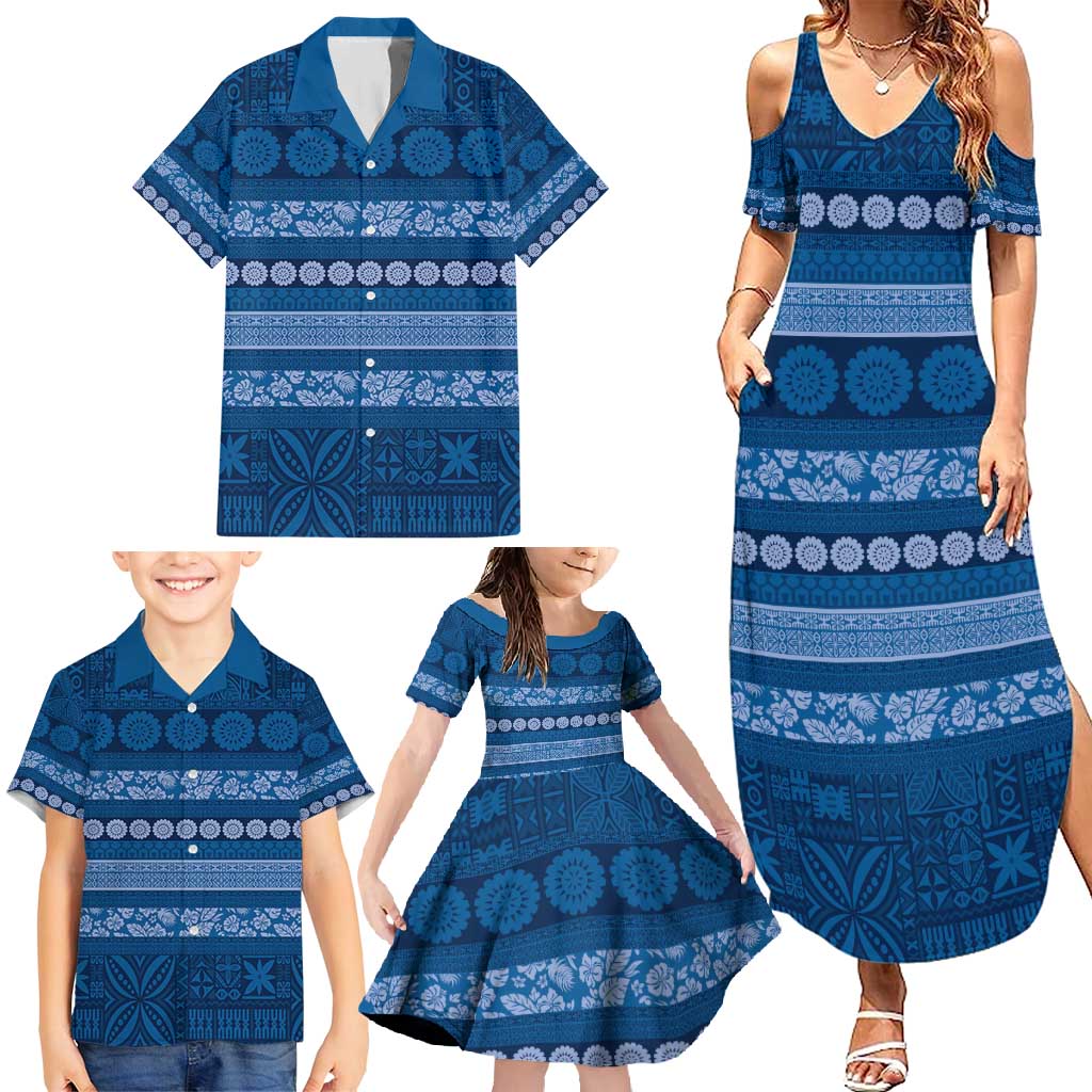 Fiji Marau na Kerisimasi Family Matching Summer Maxi Dress and Hawaiian Shirt Blue Tapa Masi Inspired Christmas - Polynesian Pride