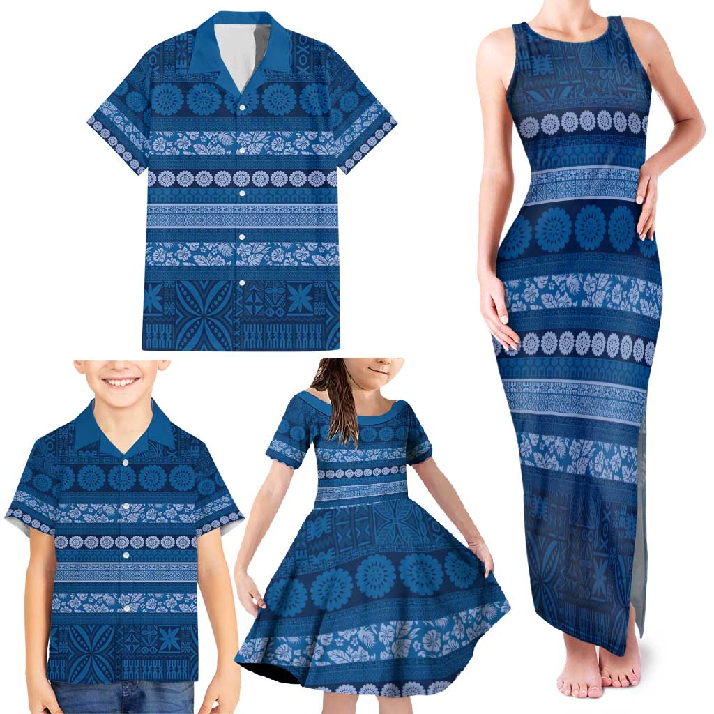 Fiji Marau na Kerisimasi Family Matching Tank Maxi Dress and Hawaiian Shirt Blue Tapa Masi Inspired Christmas - Polynesian Pride