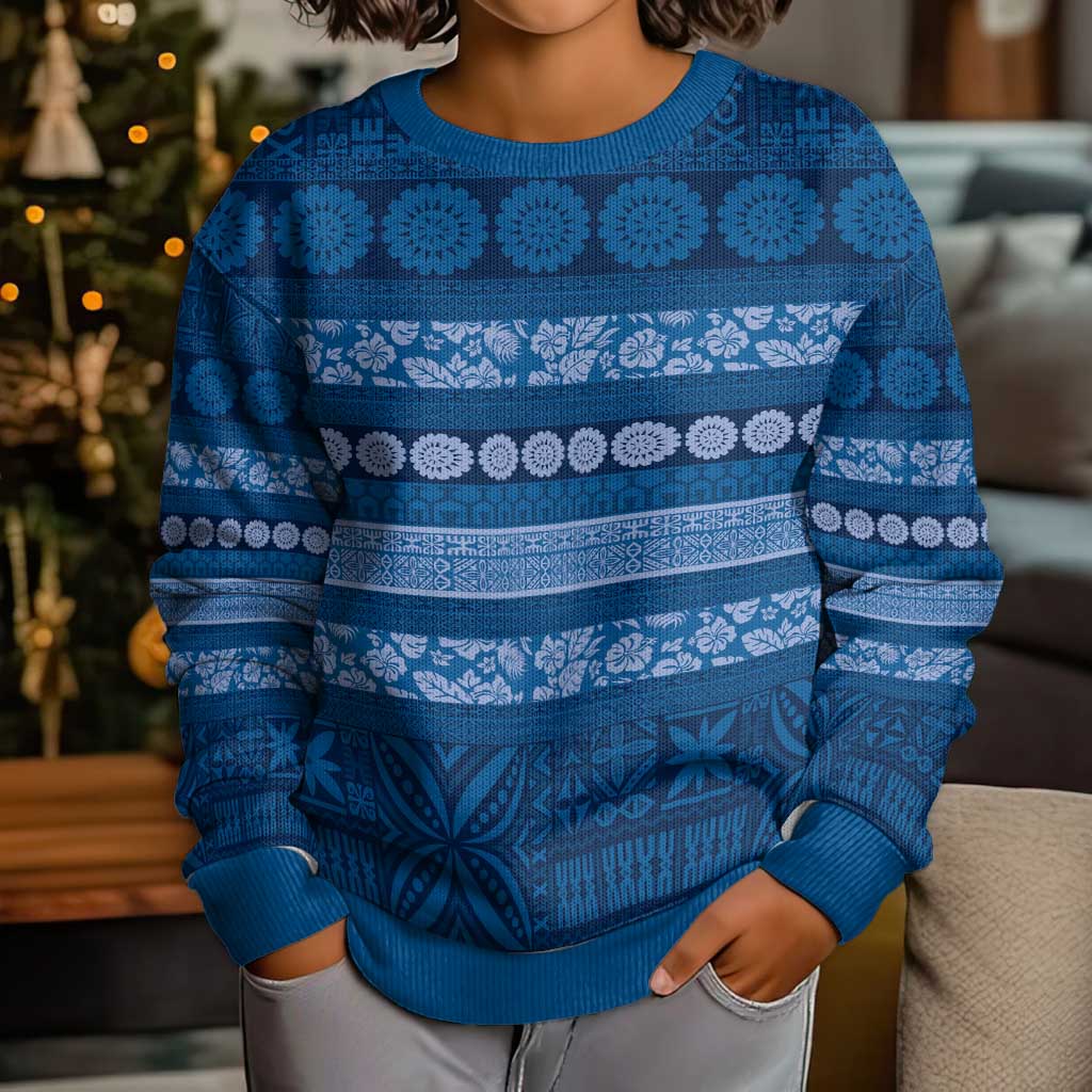 Fiji Marau na Kerisimasi Kid Ugly Christmas Sweater Blue Tapa Masi Inspired Christmas LT9 - Polynesian Pride