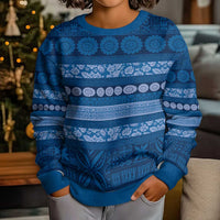 Fiji Marau na Kerisimasi Kid Ugly Christmas Sweater Blue Tapa Masi Inspired Christmas LT9 - Polynesian Pride