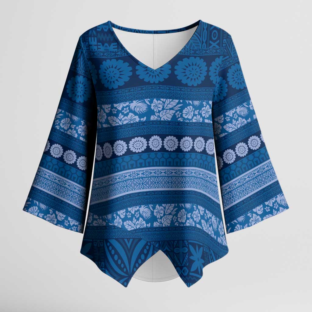 Fiji Marau na Kerisimasi Kimono Sleeve Blouse Blue Tapa Masi Inspired Christmas LT9 Female Blue - Polynesian Pride