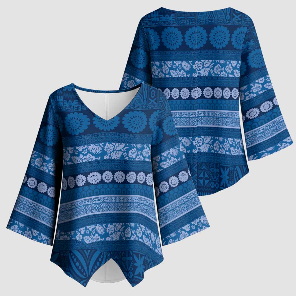 Fiji Marau na Kerisimasi Kimono Sleeve Blouse Blue Tapa Masi Inspired Christmas LT9 - Polynesian Pride