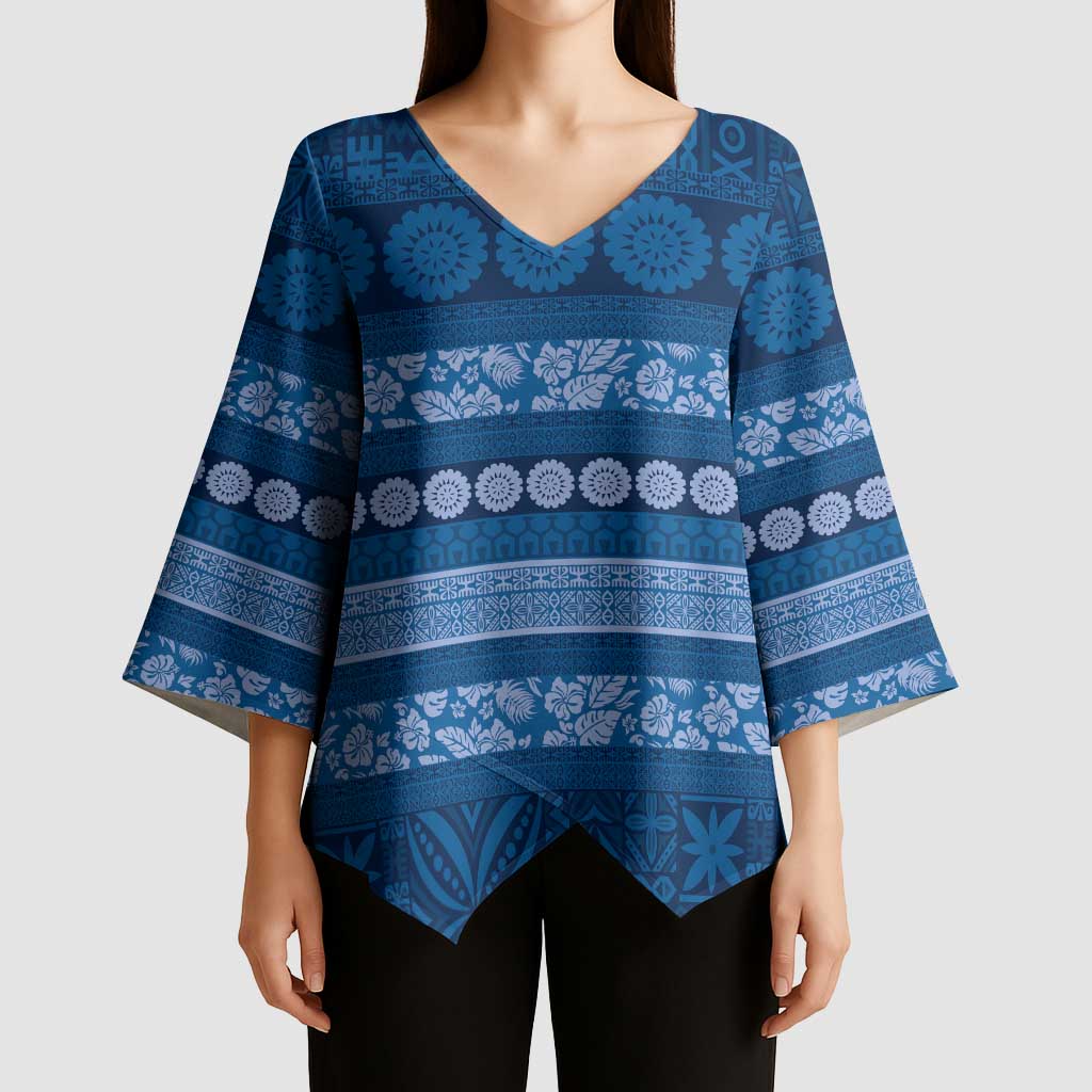 Fiji Marau na Kerisimasi Kimono Sleeve Blouse Blue Tapa Masi Inspired Christmas LT9 - Polynesian Pride