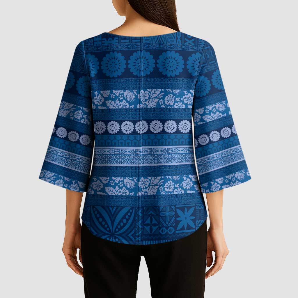 Fiji Marau na Kerisimasi Kimono Sleeve Blouse Blue Tapa Masi Inspired Christmas LT9 - Polynesian Pride