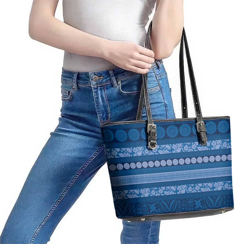 Fiji Marau na Kerisimasi Leather Tote Bag Blue Tapa Masi Inspired Christmas LT9 - Polynesian Pride