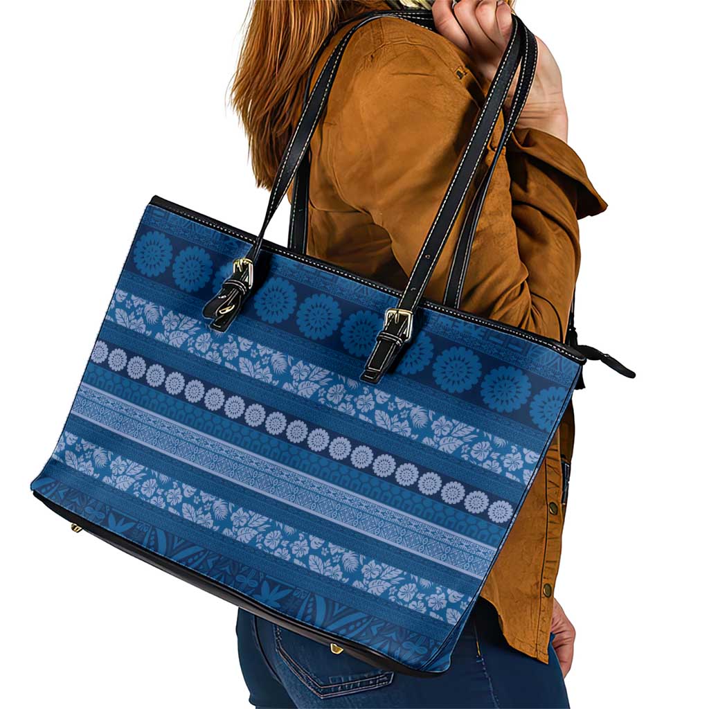Fiji Marau na Kerisimasi Leather Tote Bag Blue Tapa Masi Inspired Christmas LT9 - Polynesian Pride
