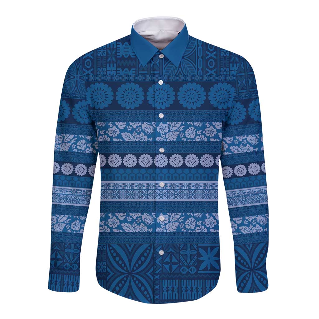 Fiji Marau na Kerisimasi Long Sleeve Button Shirt Blue Tapa Masi Inspired Christmas LT9 Unisex Blue - Polynesian Pride