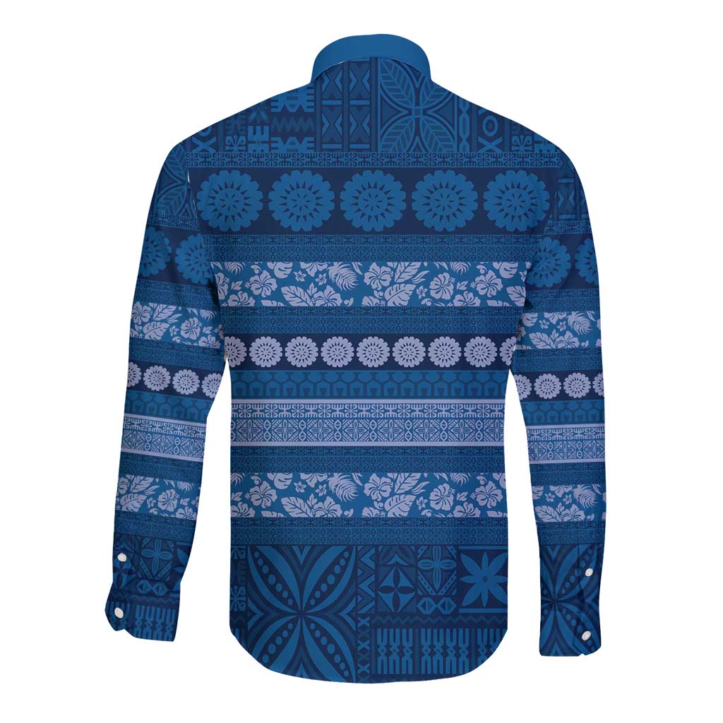 Fiji Marau na Kerisimasi Long Sleeve Button Shirt Blue Tapa Masi Inspired Christmas LT9 - Polynesian Pride