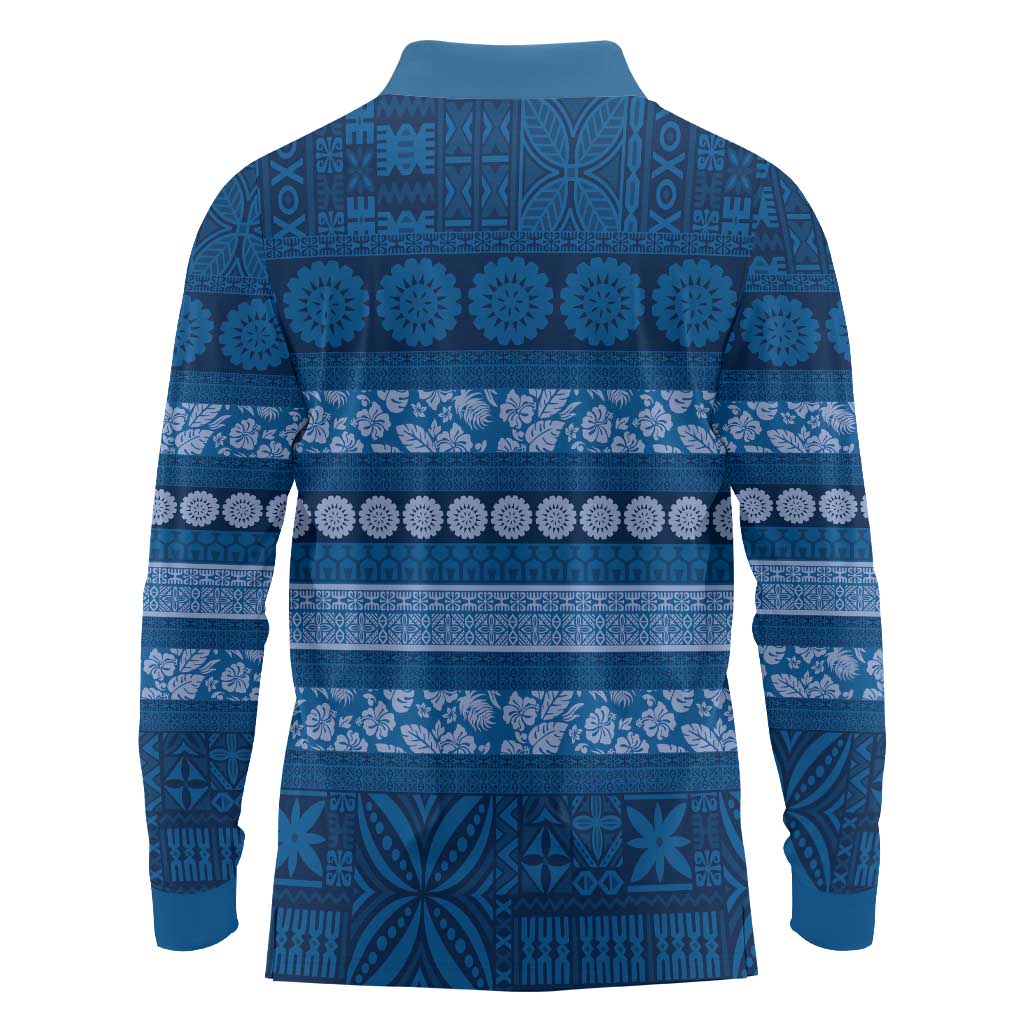 Fiji Marau na Kerisimasi Long Sleeve Polo Shirt Blue Tapa Masi Inspired Christmas LT9 - Polynesian Pride