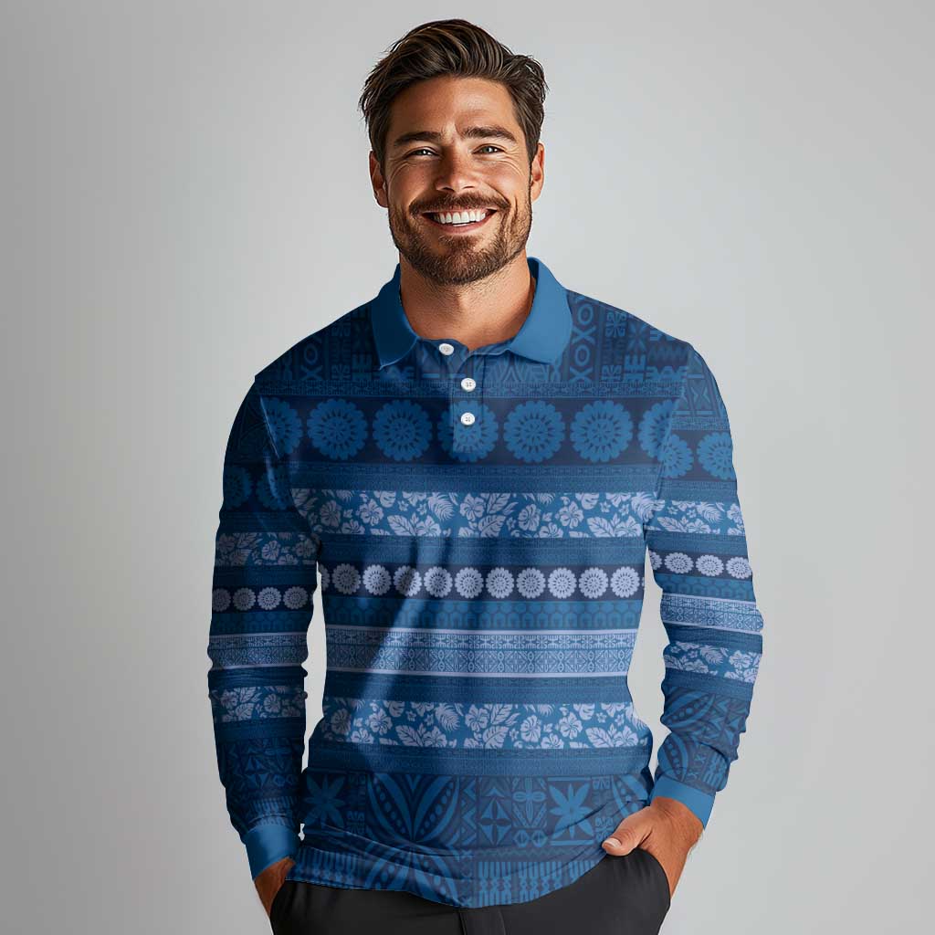 Fiji Marau na Kerisimasi Long Sleeve Polo Shirt Blue Tapa Masi Inspired Christmas LT9 - Polynesian Pride
