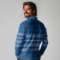 Fiji Marau na Kerisimasi Long Sleeve Polo Shirt Blue Tapa Masi Inspired Christmas LT9 - Polynesian Pride