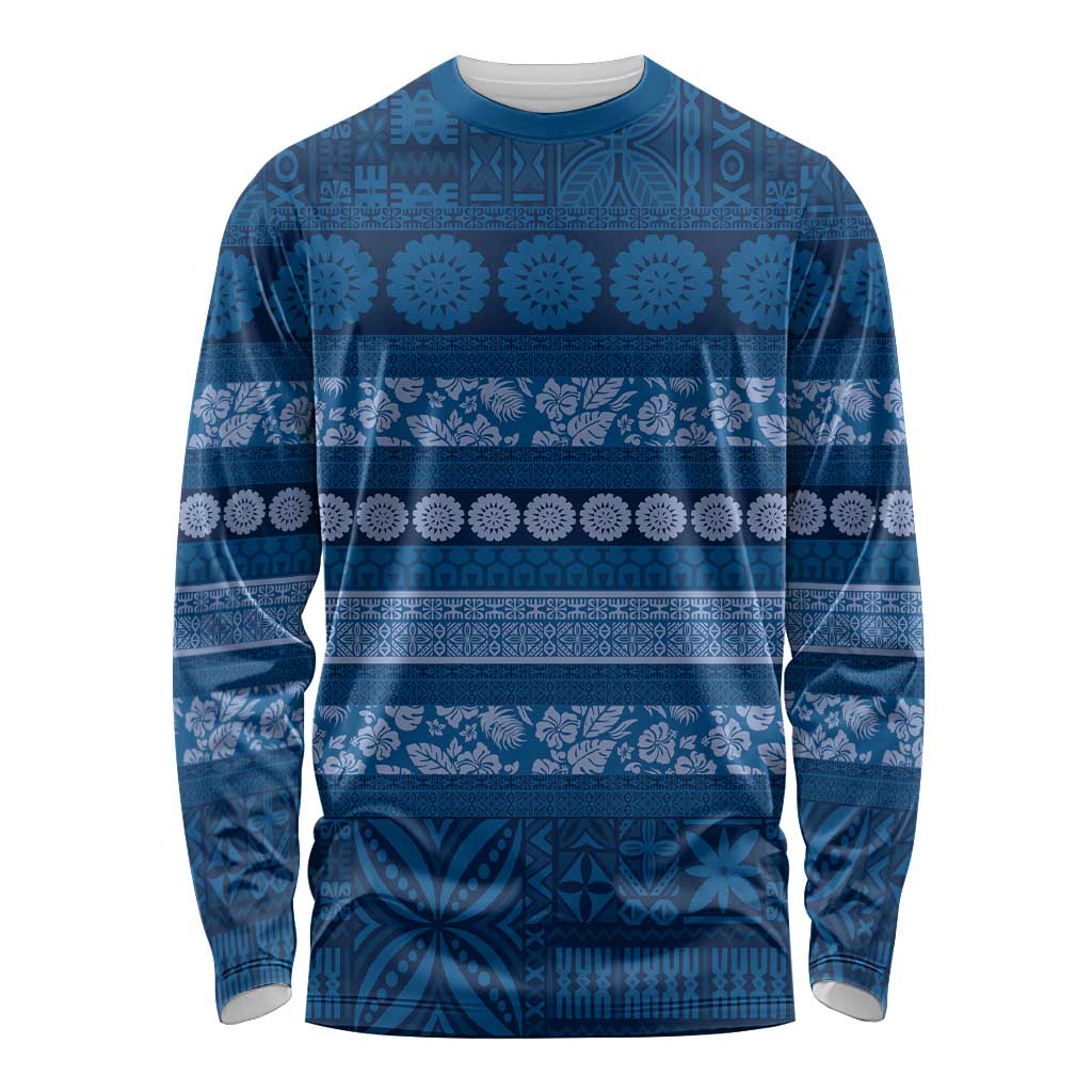 Fiji Marau na Kerisimasi Long Sleeve Shirt Blue Tapa Masi Inspired Christmas LT9 Unisex Blue - Polynesian Pride