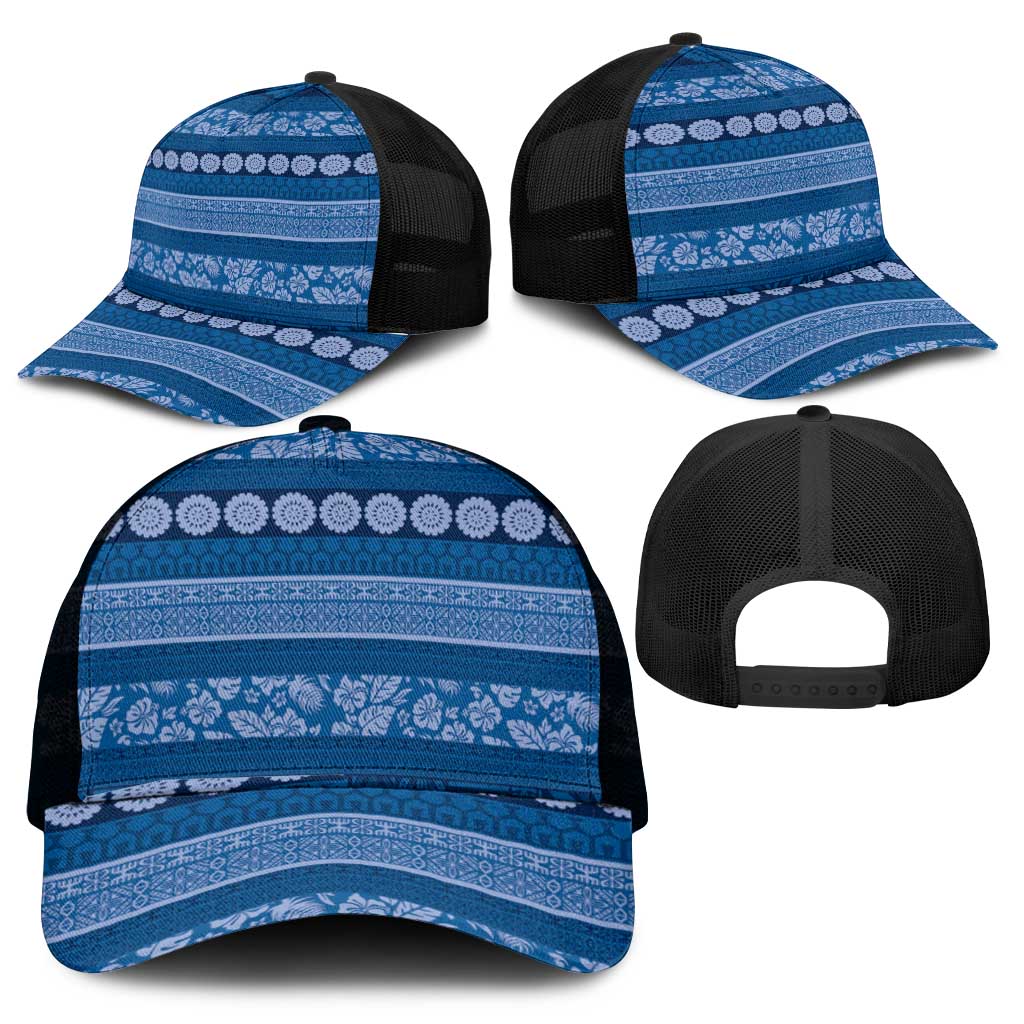 Fiji Marau na Kerisimasi Mesh Trucker Cap Blue Tapa Masi Inspired Christmas - Polynesian Pride