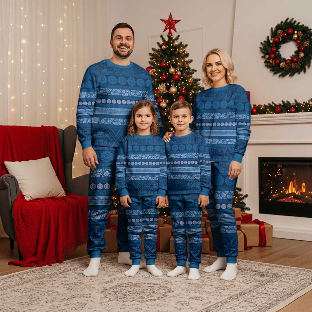 Fiji Marau na Kerisimasi Christmas Pajama Set Blue Tapa Masi Inspired Christmas LT9 - Polynesian Pride