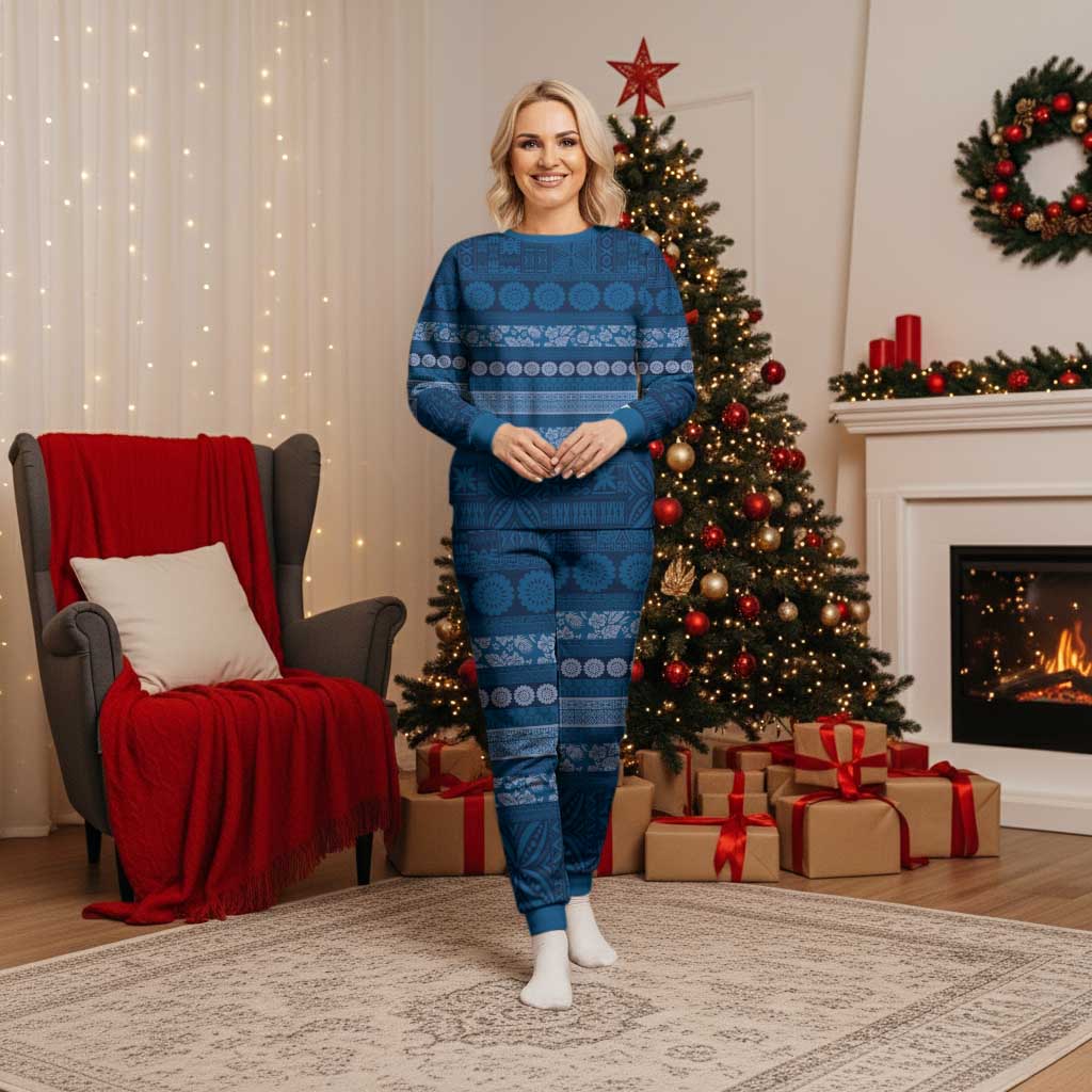 Fiji Marau na Kerisimasi Christmas Pajama Set Blue Tapa Masi Inspired Christmas LT9 Women Blue - Polynesian Pride