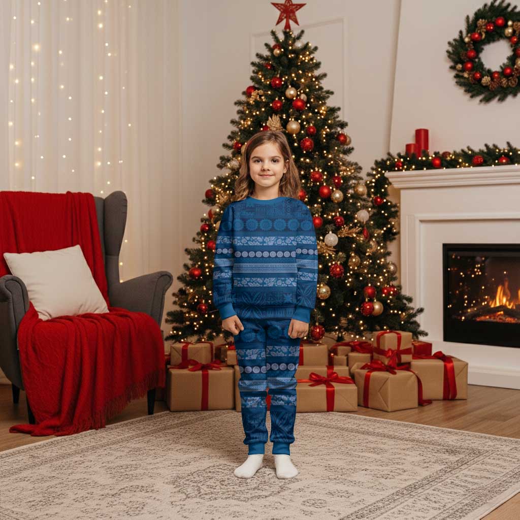 Fiji Marau na Kerisimasi Christmas Pajama Set Blue Tapa Masi Inspired Christmas LT9 Kid Blue - Polynesian Pride
