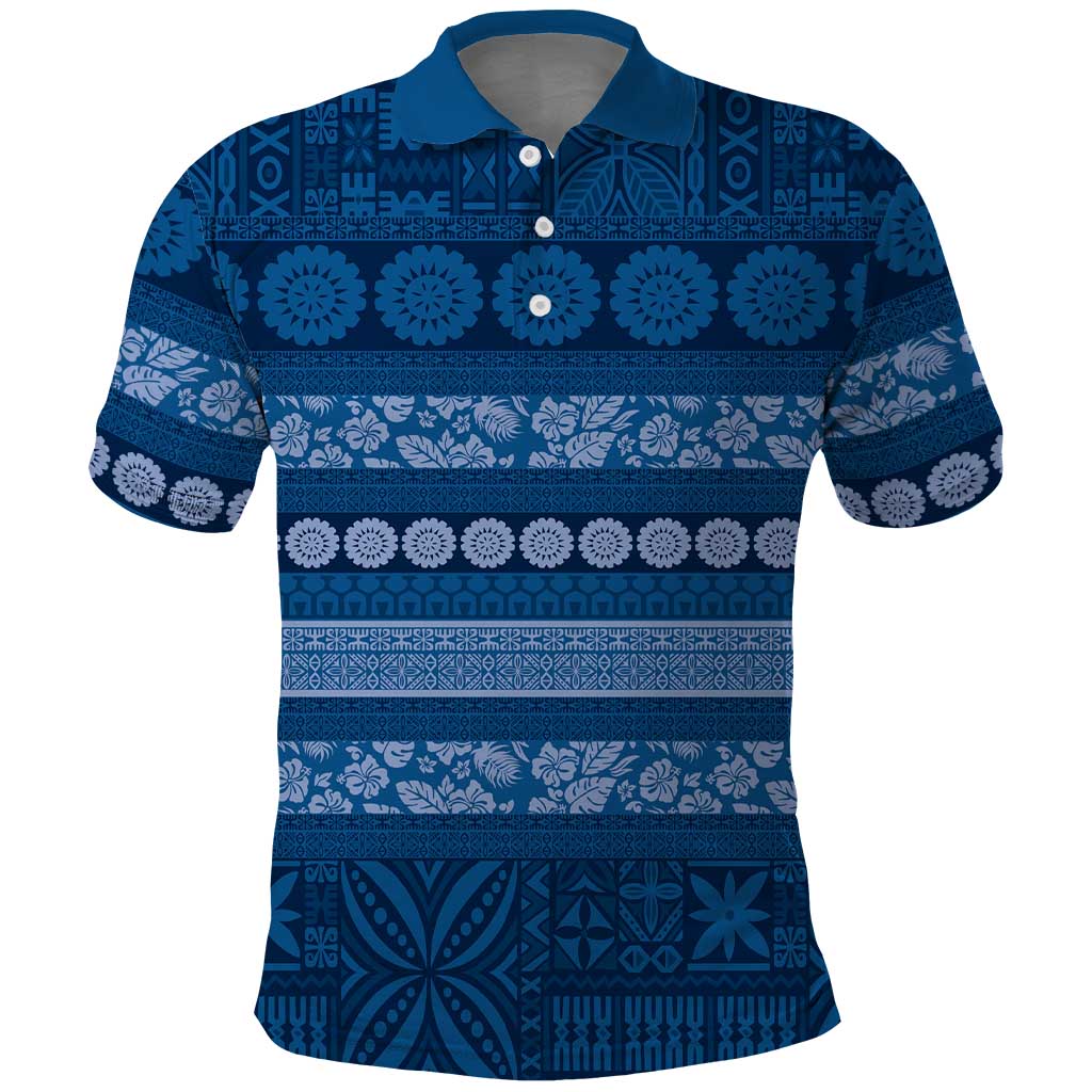 Fiji Marau na Kerisimasi Polo Shirt Blue Tapa Masi Inspired Christmas LT9 Blue - Polynesian Pride