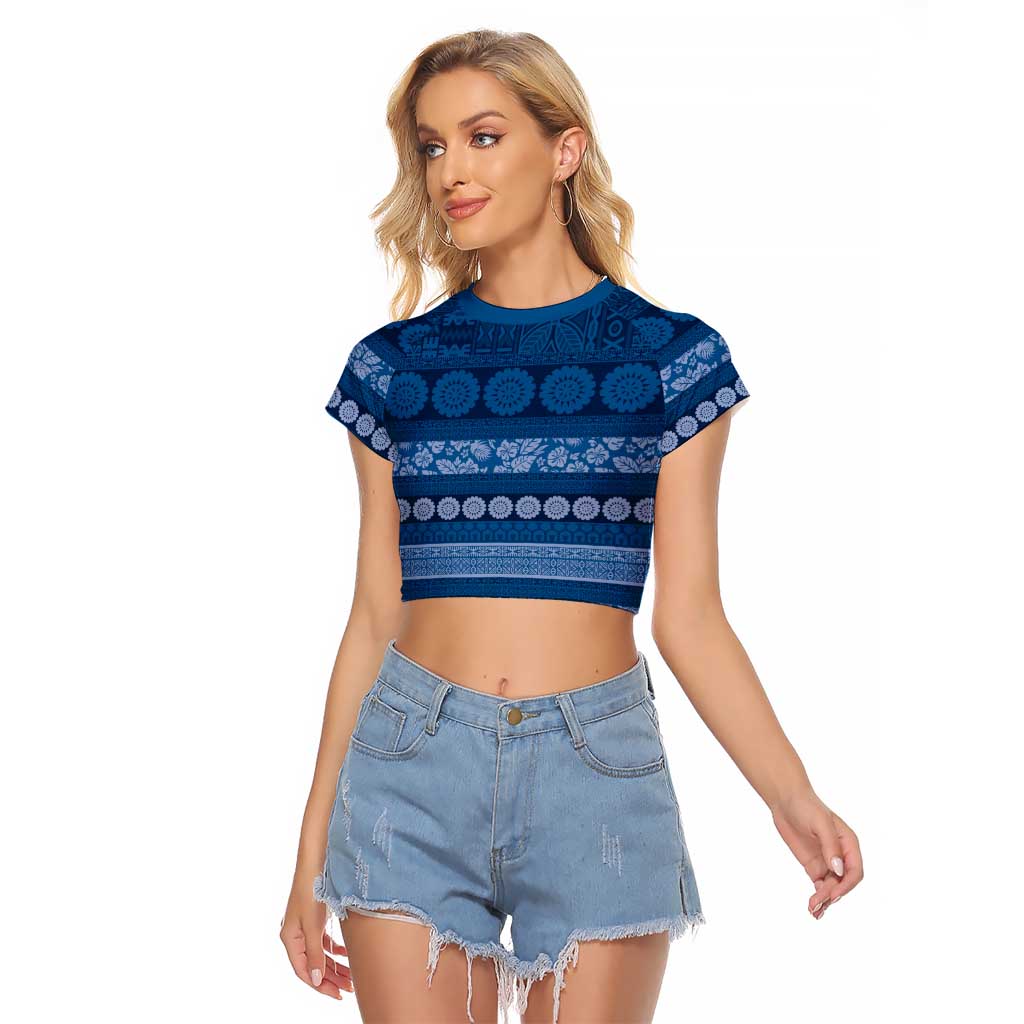 Fiji Marau na Kerisimasi Raglan Cropped T Shirt Blue Tapa Masi Inspired Christmas LT9 Female Blue - Polynesian Pride