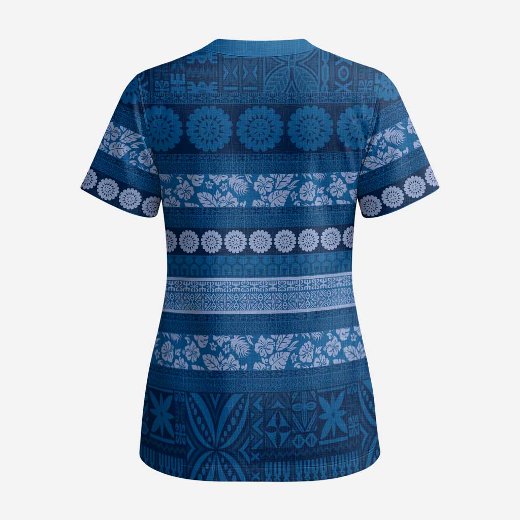 Fiji Marau na Kerisimasi Scrub Top Blue Tapa Masi Inspired Christmas LT9 - Polynesian Pride