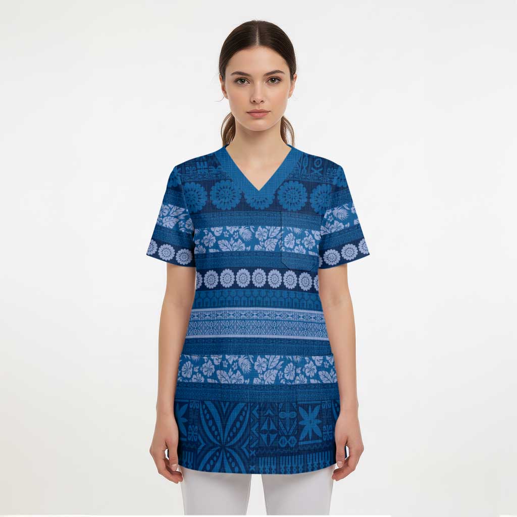 Fiji Marau na Kerisimasi Scrub Top Blue Tapa Masi Inspired Christmas LT9 - Polynesian Pride
