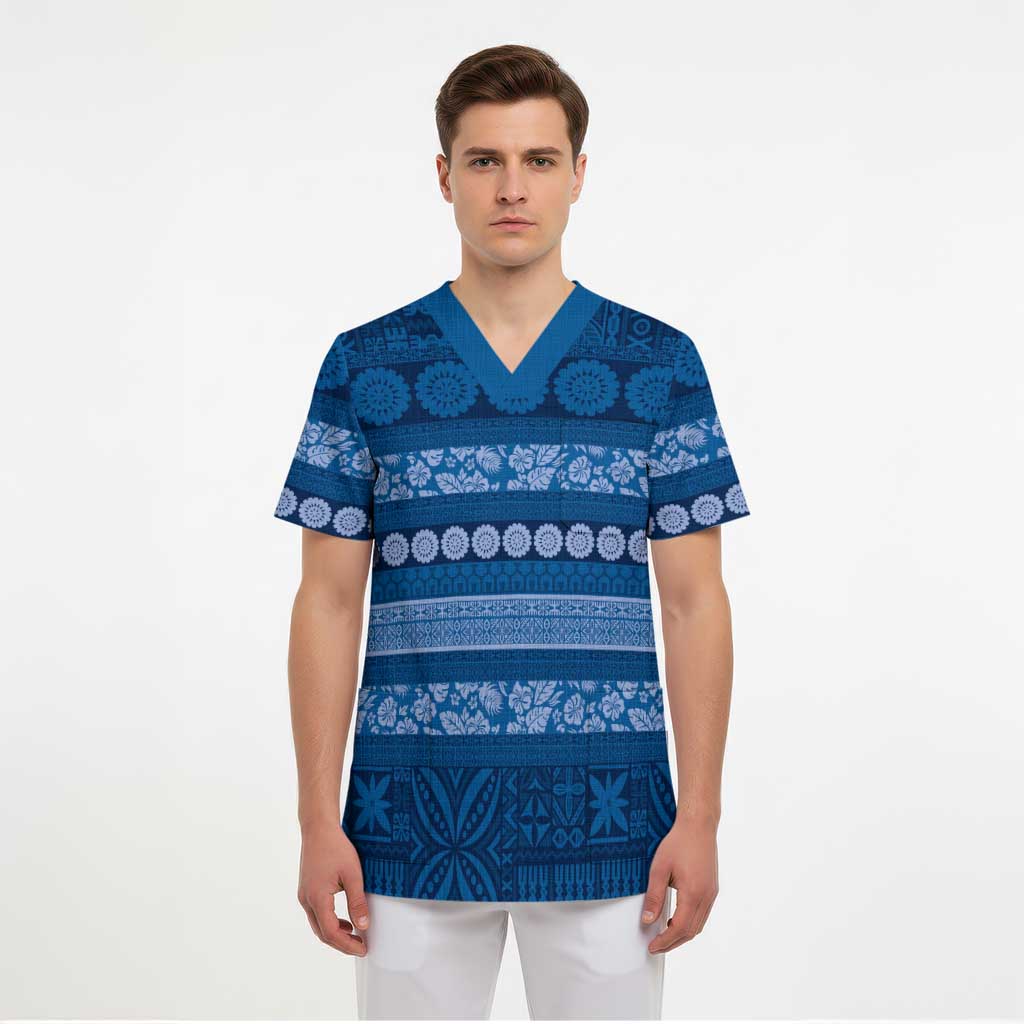Fiji Marau na Kerisimasi Scrub Top Blue Tapa Masi Inspired Christmas LT9 - Polynesian Pride
