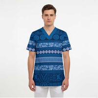 Fiji Marau na Kerisimasi Scrub Top Blue Tapa Masi Inspired Christmas LT9 - Polynesian Pride