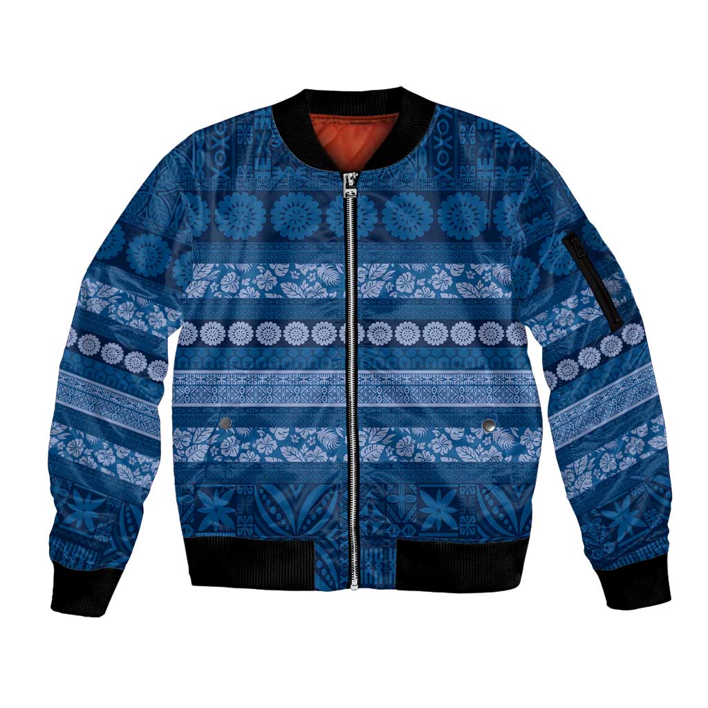 Fiji Marau na Kerisimasi Sleeve Zip Bomber Jacket Blue Tapa Masi Inspired Christmas LT9 Unisex Blue - Polynesian Pride