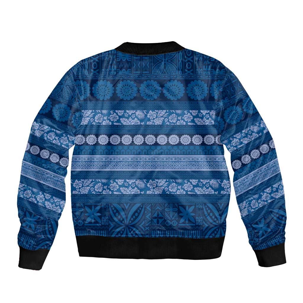 Fiji Marau na Kerisimasi Sleeve Zip Bomber Jacket Blue Tapa Masi Inspired Christmas LT9 - Polynesian Pride