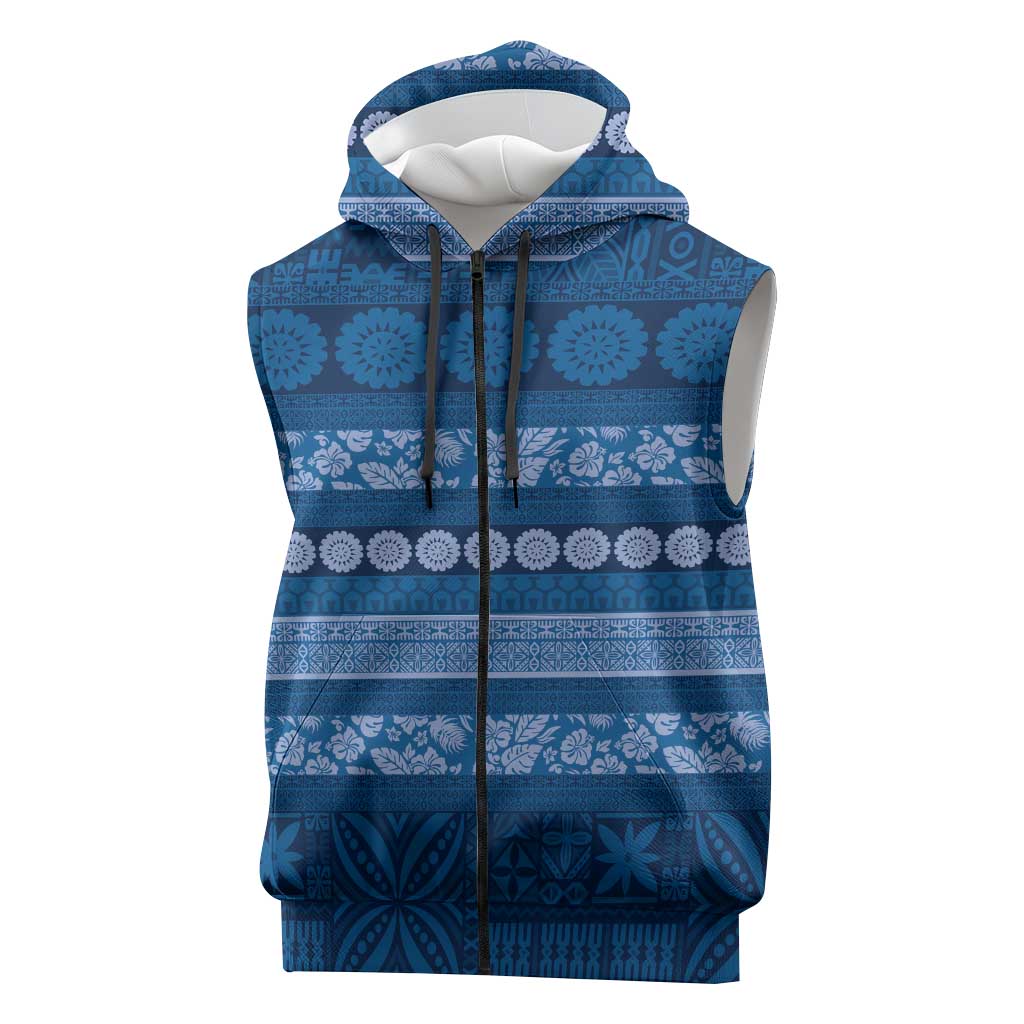 Fiji Marau na Kerisimasi Sleeveless Zip Hoodie Blue Tapa Masi Inspired Christmas LT9 Blue - Polynesian Pride