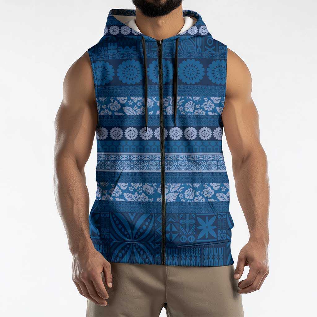 Fiji Marau na Kerisimasi Sleeveless Zip Hoodie Blue Tapa Masi Inspired Christmas LT9 - Polynesian Pride
