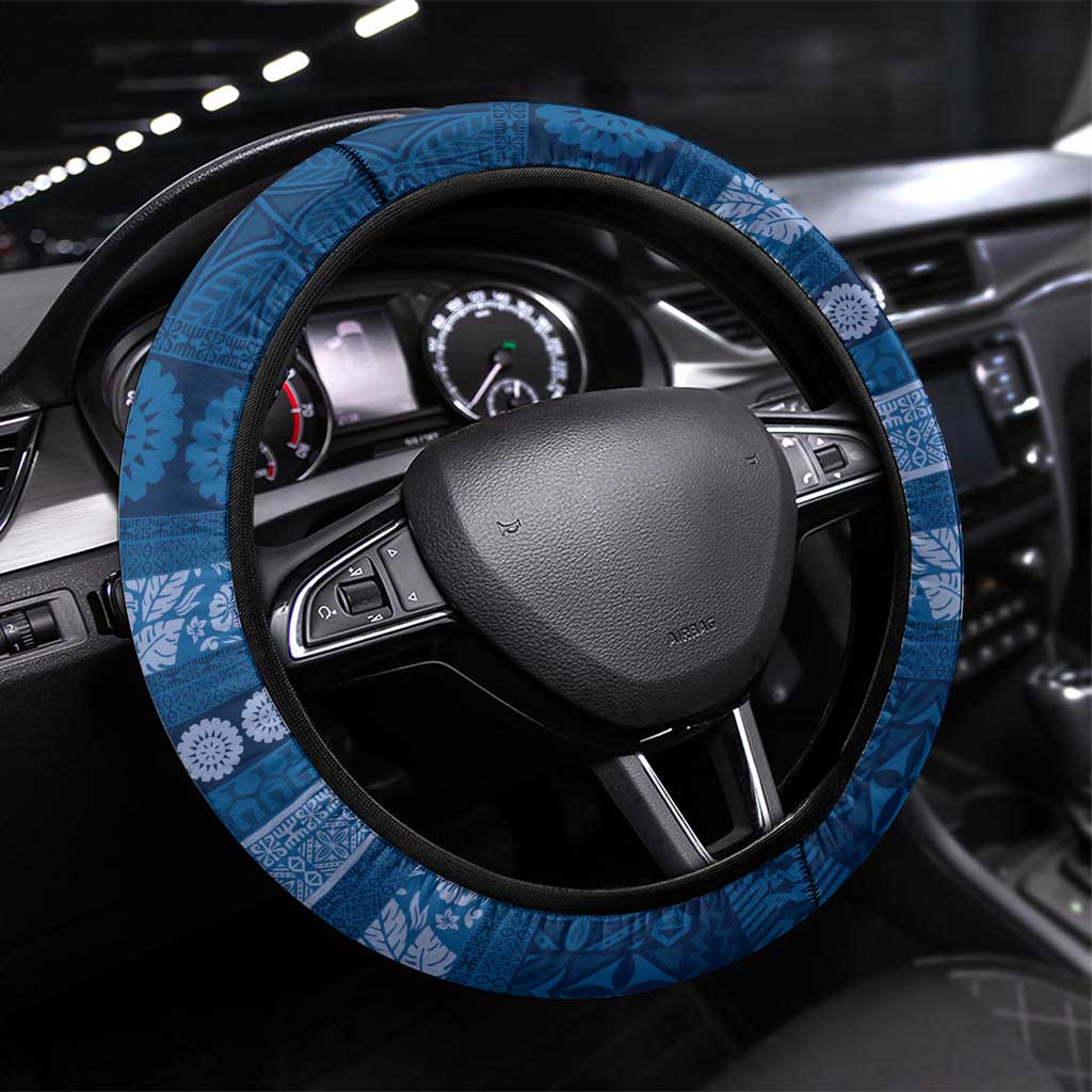 Fiji Marau na Kerisimasi Steering Wheel Cover Blue Tapa Masi Inspired Christmas LT9 Universal Fit Blue - Polynesian Pride