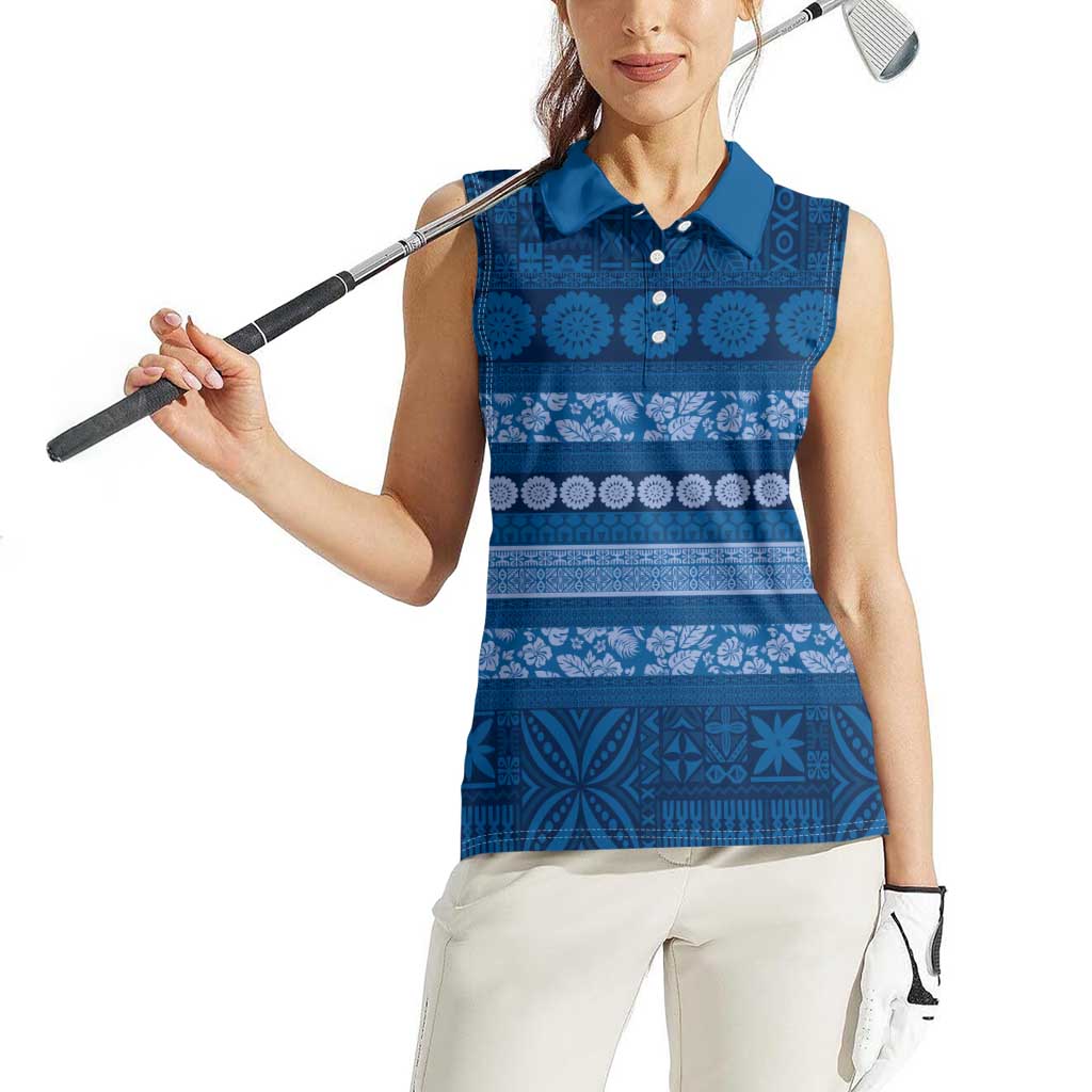 Fiji Marau na Kerisimasi Women Sleeveless Polo Shirt Blue Tapa Masi Inspired Christmas - Polynesian Pride