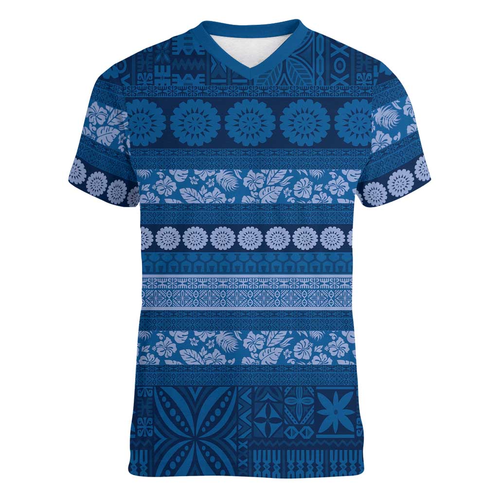 Fiji Marau na Kerisimasi Women V-Neck T-Shirt Blue Tapa Masi Inspired Christmas - Polynesian Pride